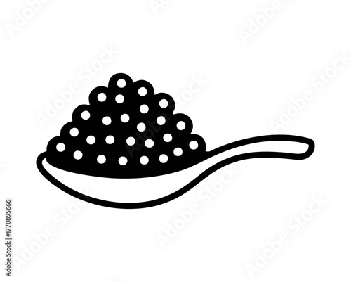 Vector isolated black-and-white icon of a spoon holding a heap of black fish sturgeon caviar pearls.