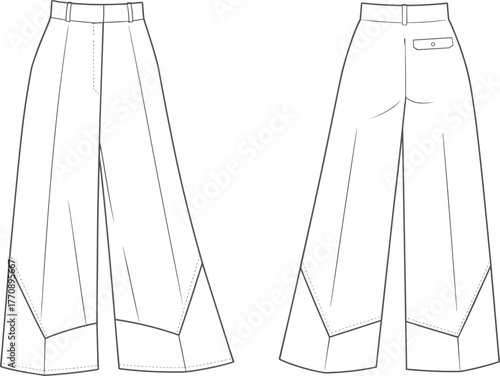 Technical flat sketch, wide leg pants design, women’s fashion garment, vector illustration, CAD drawing, apparel template, clothing pattern, high waist style