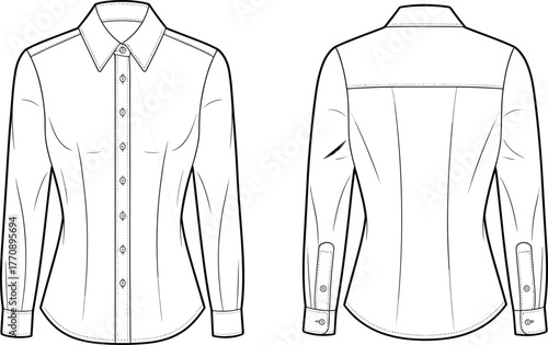 Technical flat sketch, women’s button up shirt design, long sleeve garment, vector illustration, CAD drawing, apparel template, clothing pattern, tailored fit fashion