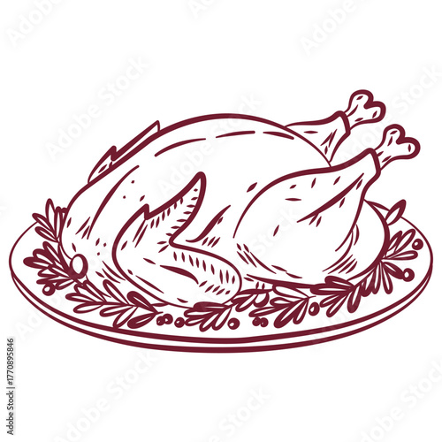 Thanksgiving day dishes. Thanks giving celebration. Festive turkey dinner. Dinner Together. Flat cartoon roasted stuffed turkey on a plate with lettuce.