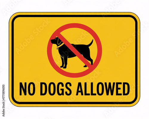 Clear 'No Dogs Allowed' warning sign with bold black text and a red prohibition symbol over a silhouette of a dog on a bright yellow background