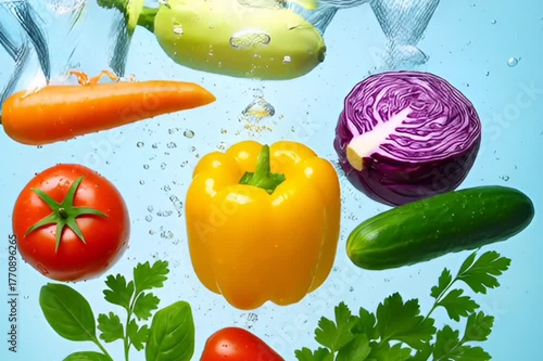 Fresh Colorful Vegetables Splashing into Water for Vegan Day, Vibrant Organic Vegetables Underwater with Bubbles and Splashes,Generative ai
