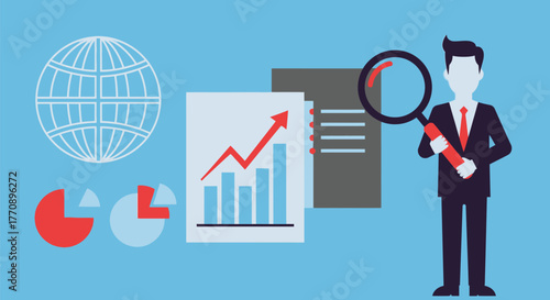Business professional analyzing financial charts and global data with a magnifying glass