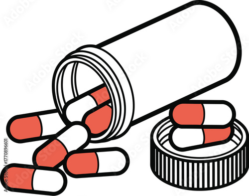 Pills spilling from a white bottle onto its cap, symbolizing medication and health.
