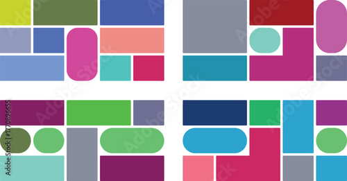 Collection of four diverse abstract visual arrangements featuring a variety of colorful geometric shapes, rectangles, squares, and rounded forms on a