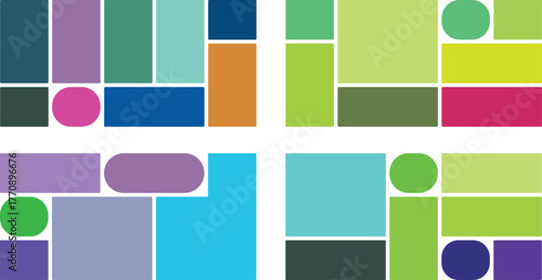 Four distinct abstract mosaic designs composed of various colorful geometric shapes, including rectangles, squares, circles, and ovals, set against a