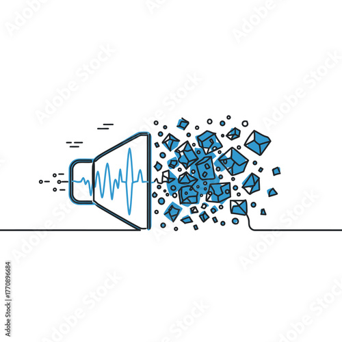 A modern line art illustration depicts a speaker emitting a dynamic blue sound wave that fragments into scattered geometric shapes, symbolizing digital data or audio impact.