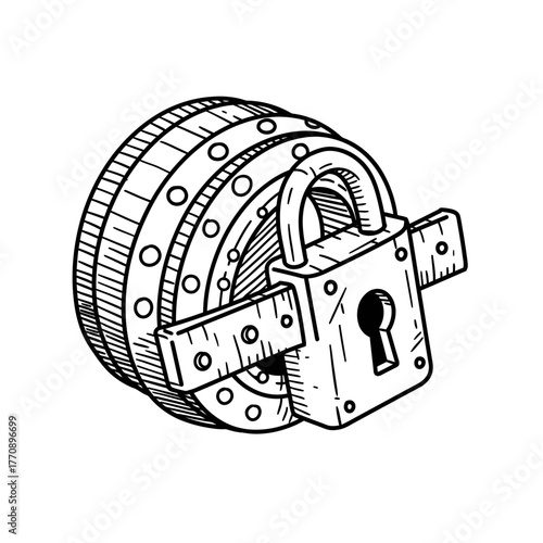 This intricate black and white line art features a heavy-duty padlock firmly securing a large, textured wheel, representing concepts of safety and restriction.