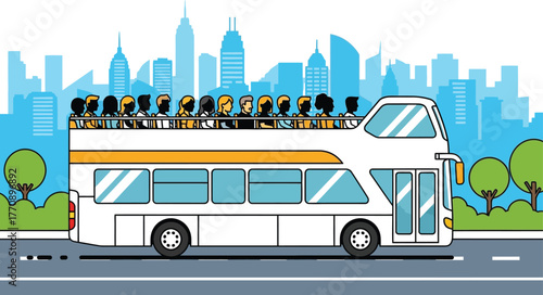 Tourists enjoying a scenic city bus ride with skyline background