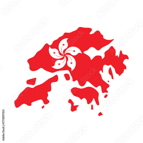 Red Hong Kong map silhouette featuring iconic bauhinia flower emblem on isolated white background vector illustration