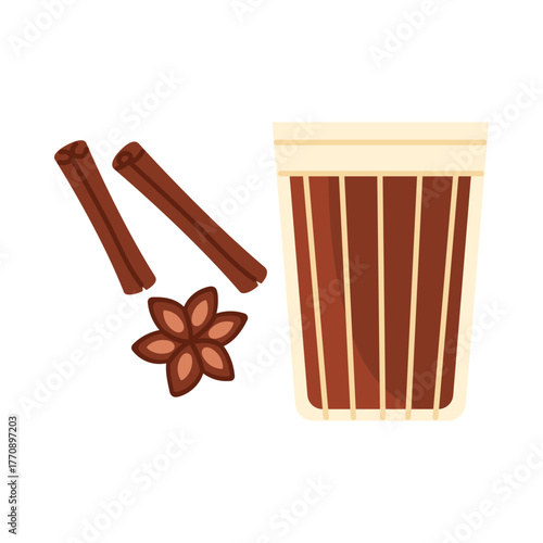 Traditional Indian masala chai with cinnamon and star anise on white isolated background vector illustration