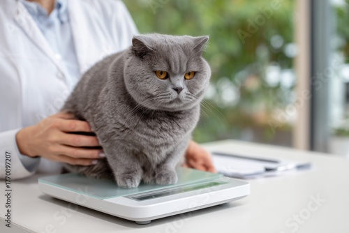 Veterinarian in uniform weighing a cat on a digital scale during health examination, symbolizing professional care and pet wellness. 