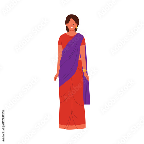 Indian woman wearing red and purple saree with jewelry, standing isolated on white background vector illustration