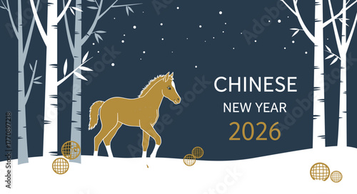 Horse in snowy forest vector for Chinese New Year 2026 greeting