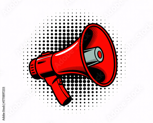 Bold red megaphone announces important news with vibrant pop art halftone background, capturing attention and driving engagement for your message