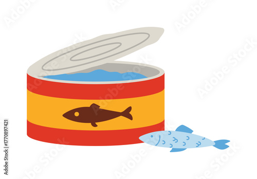 Open can of Swedish surströmming with fish on white isolated background vector illustration