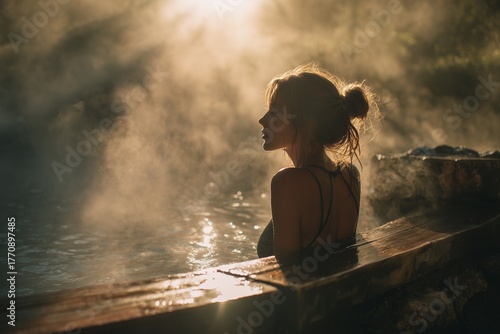 A young woman enjoys peaceful relaxation in a natural hot spring at sunrise, surrounded by steam and warm light symbolizing balance and serenity. 