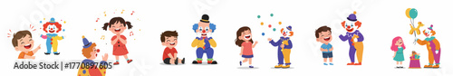 Cute Cartoon Style Illustration of Children with Clowns at a Party
