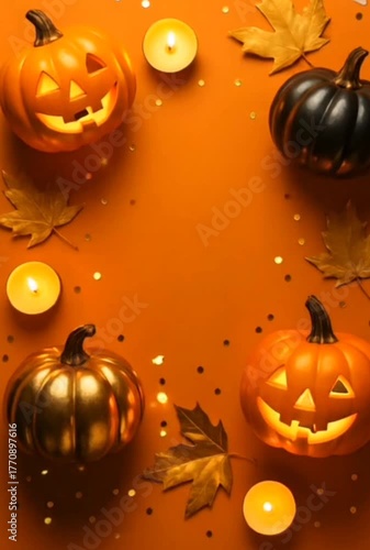 Luxurious Halloween Flat Lay with Metallic Pumpkins,Elegant Halloween Composition with Golden and Black Pumpkins,Generative ai

