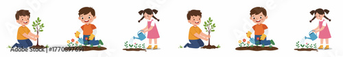 Cute Cartoon Style Children Planting and Watering Plants Illustration