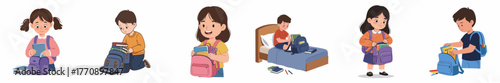 Cute Cartoon Diverse Children Packing School Bag Preparing for School Illustration