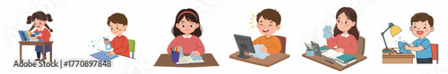 Cartoon Style Illustration of People Working and Learning from Home