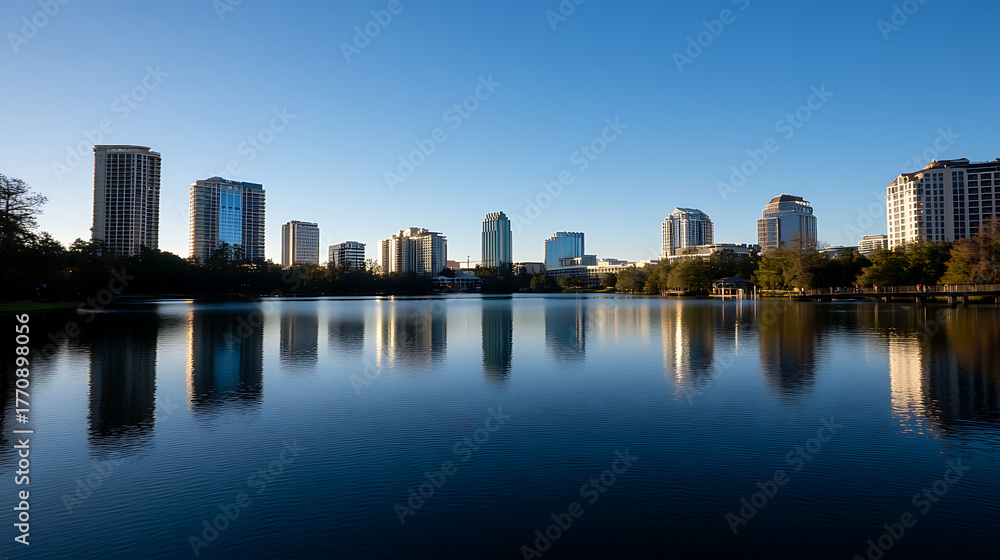Obraz premium City skyline reflection on calm lake at sunrise. Modern architecture mirrored beautifully on water. Urban nature scene, serene and scenic. Clear blue skies above.