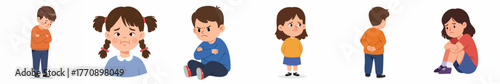 Cartoonish Depressed and Sad Children Expressions Various Poses Illustration