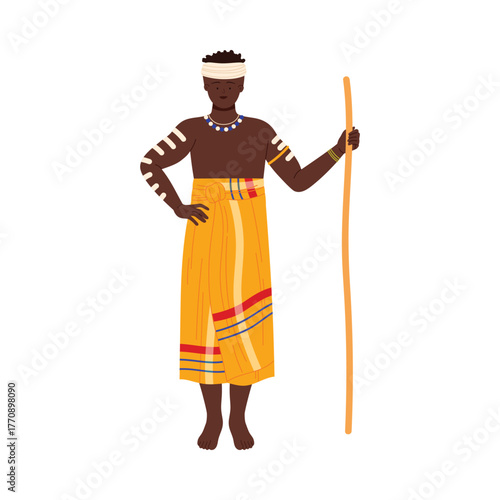 Isolated African tribesman wearing traditional yellow garment and jewelry holding a staff vector illustration