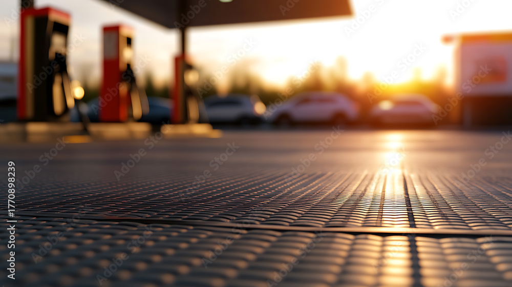 Obraz premium Captured at eye-level, a gas station forecourt basks in golden hour glow. Patterned ground reflects the sunset, blurring pumps and parked cars into warm, dreamlike background.