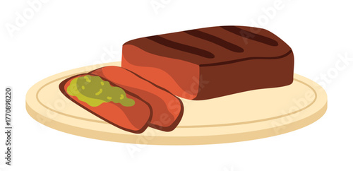 Traditional Argentinian steak with chimichurri sauce on a plate, isolated on white background vector illustration