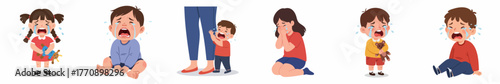 Cartoon Flat Illustration of Sad Crying Children with Tears and Emotion
