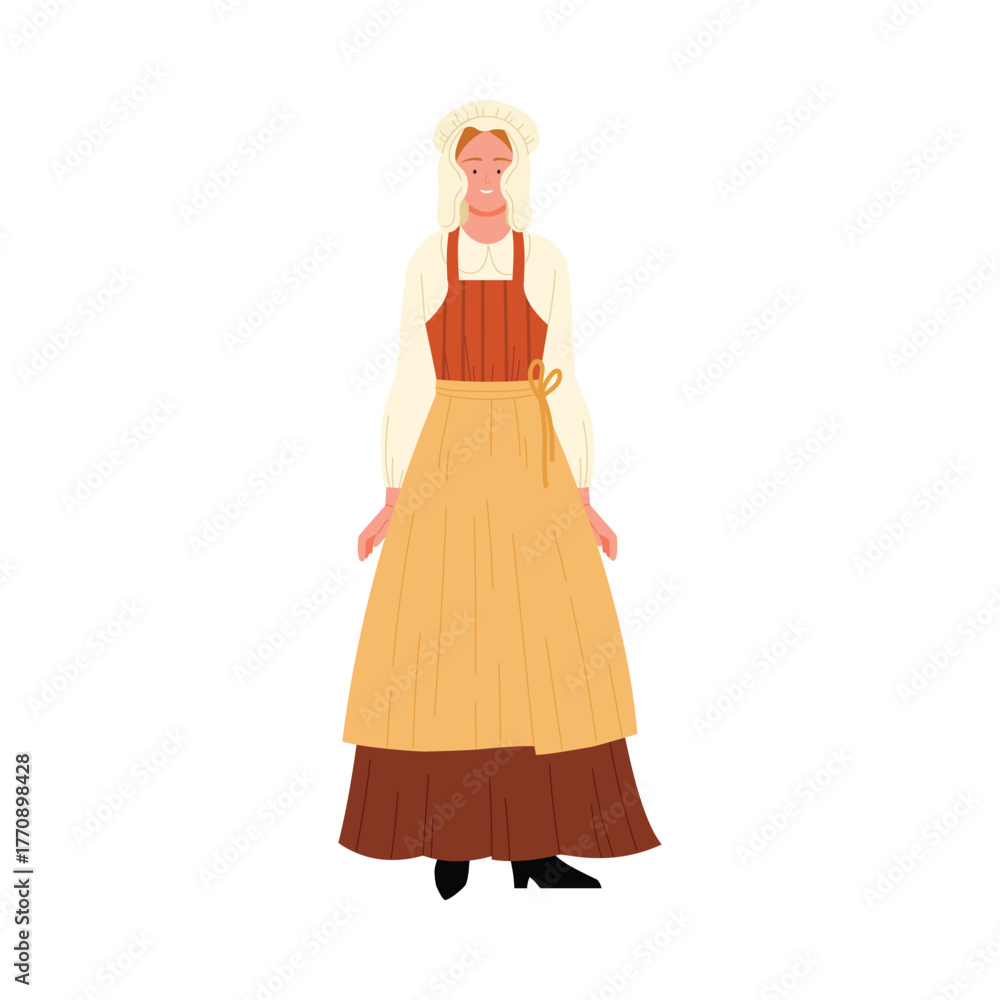 Fototapeta premium Smiling woman in classic Belgian folk dress and bonnet standing isolated on white vector illustration