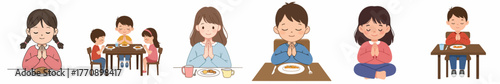 Cute Handdrawn Family Praying Before Meal or Food Illustration Set