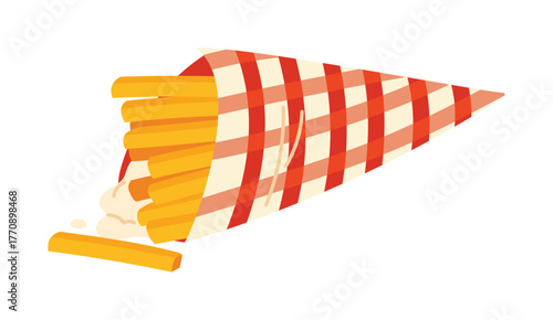 Crispy Belgian fries with mayonnaise in a checkered paper cone isolated on white vector illustration