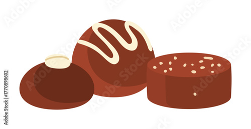 Three isolated Belgian chocolate pralines on a white background, perfect for confectionery design vector illustration