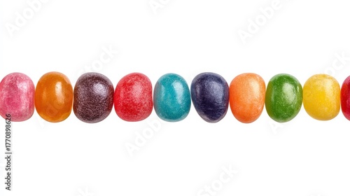 A row of vibrant jelly beans, each with its unique color, neatly arranged for a delightful visual. Their smooth texture and playful colors offer a taste of sweetness