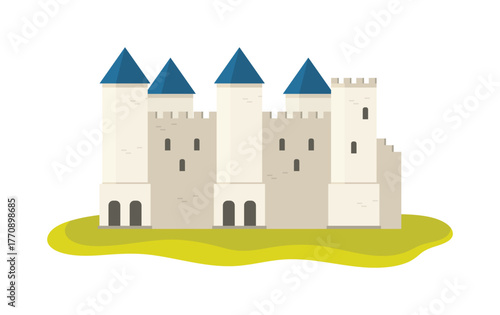Flat isolated medieval castle with blue rooftops inspired by Belgium architecture on white background vector illustration