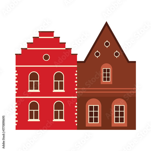 Colorful traditional Belgium houses with unique facades on a white isolated background vector illustration