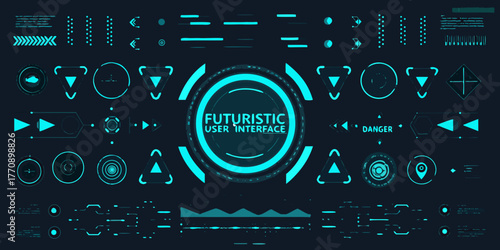 Futuristic user interface elements and hud display with cyan neon glow on dark background