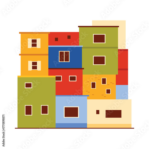Brightly colored Brazil favela buildings stacked together on a white isolated background vector illustration
