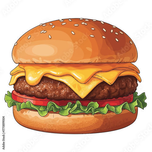 illustration of a juicy cheeseburger with fresh toppings