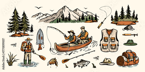 Vintage style illustration of two men fishing in a canoe surrounded by outdoor adventure elements
