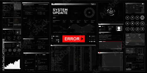 Futuristic computer interface displays system update with a prominent error message and complex data visualizations
