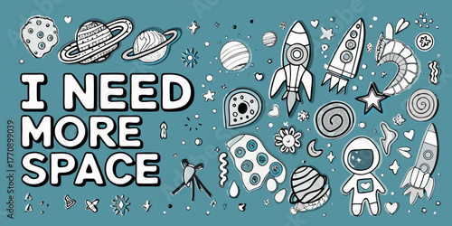 I need more space hand drawn doodle art featuring planets rockets astronaut and stars on blue background
