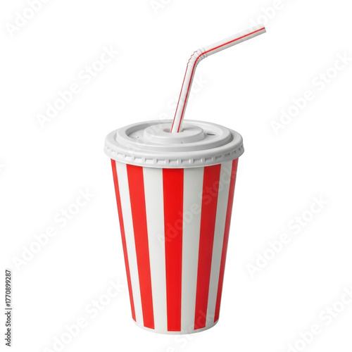 Red and white striped soda cup with straw isolated on transparent background for refreshment