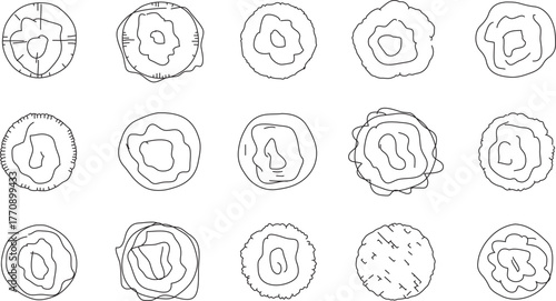 CAD Drawings. Set of Tree Top View Outline Symbols in Minimal Vector Style for Landscape Architecture, Urban Planning, and Garden Design