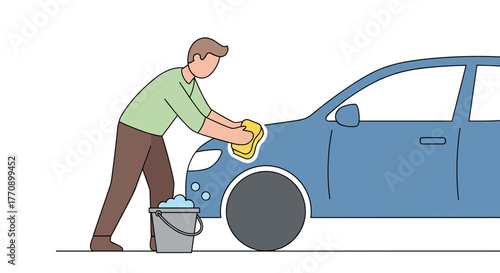 Man washing car with bucket and sponge in a minimalist style  