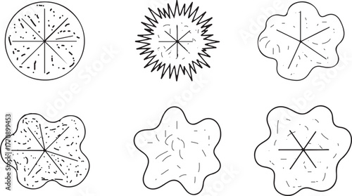 CAD Drawings. Set of Tree Top View Outline Symbols in Minimal Vector Style for Landscape Architecture, Urban Planning, and Garden Design