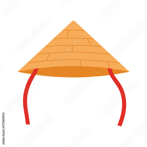 Iconic Vietnamese conical hat with red straps on white background, isolated vector illustration